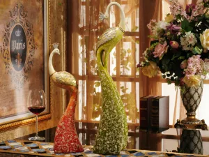 Exquisite Pair of Hand Painted Peacock Sculptures - Green & Red( set)