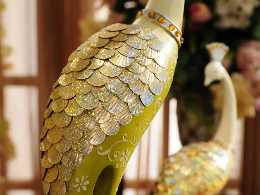 Exquisite Pair of Hand Painted Peacock Sculptures - Green & Red( set)