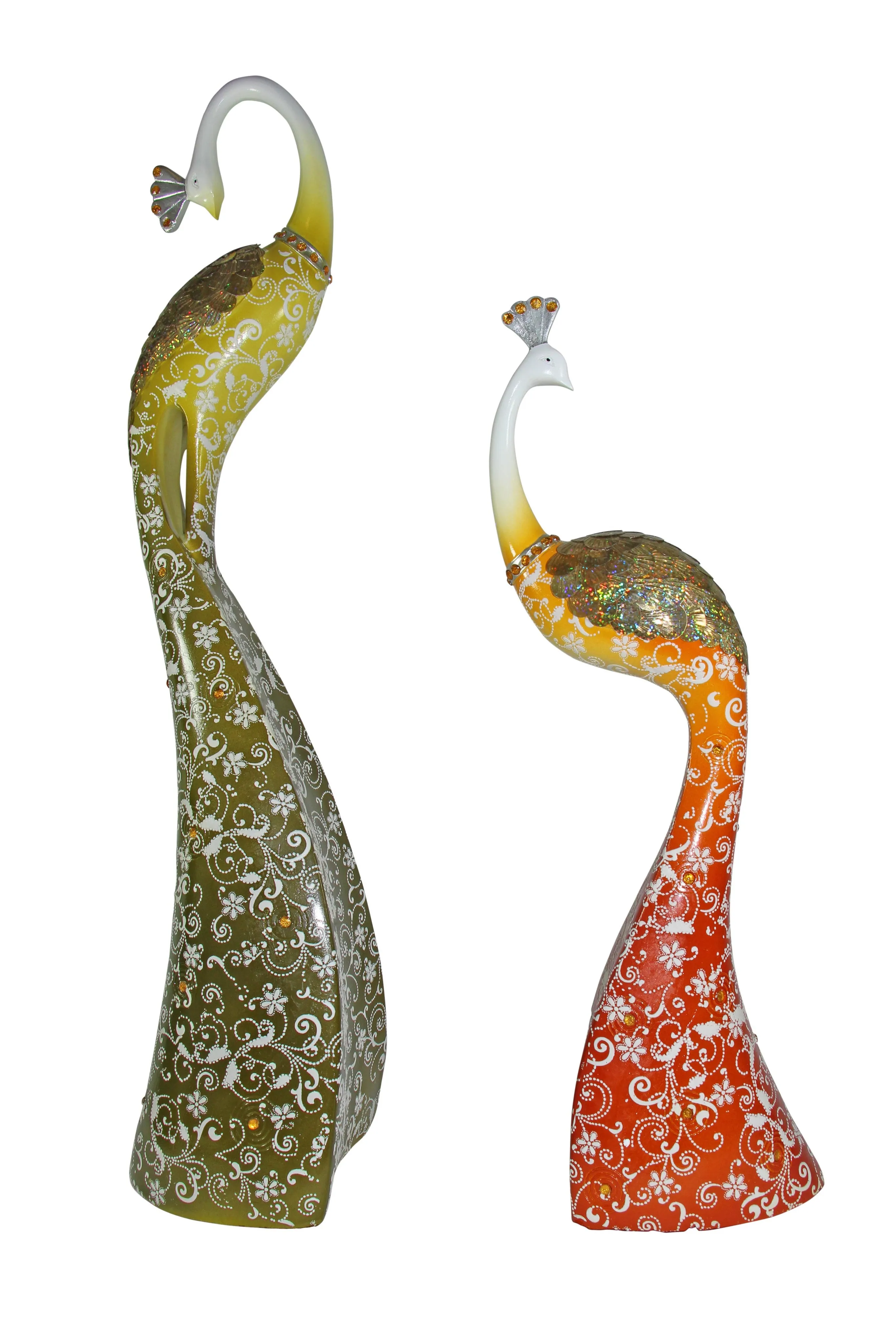 Exquisite Pair of Hand Painted Peacock Sculptures - Green & Red( set)