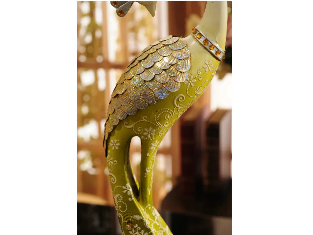 Exquisite Pair of Hand Painted Peacock Sculptures - Green & Red( set)