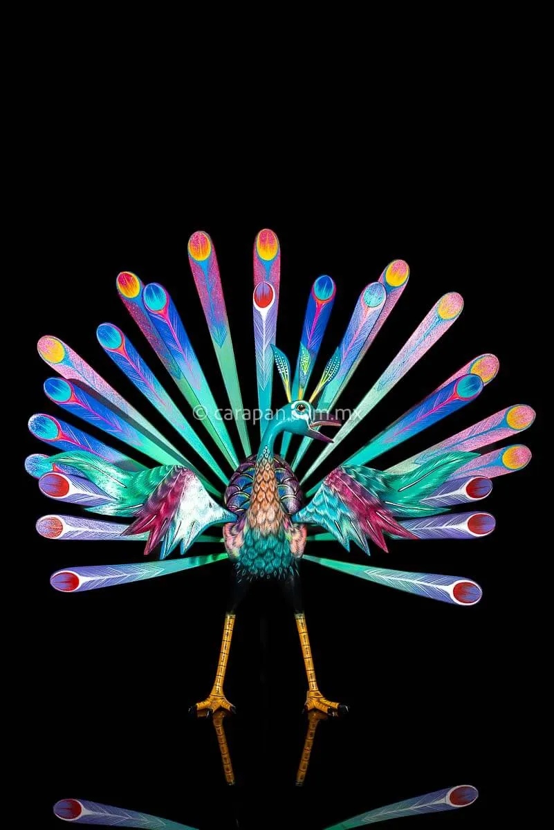 Exquisite Turquoise Peacock Mexican Wood Carving