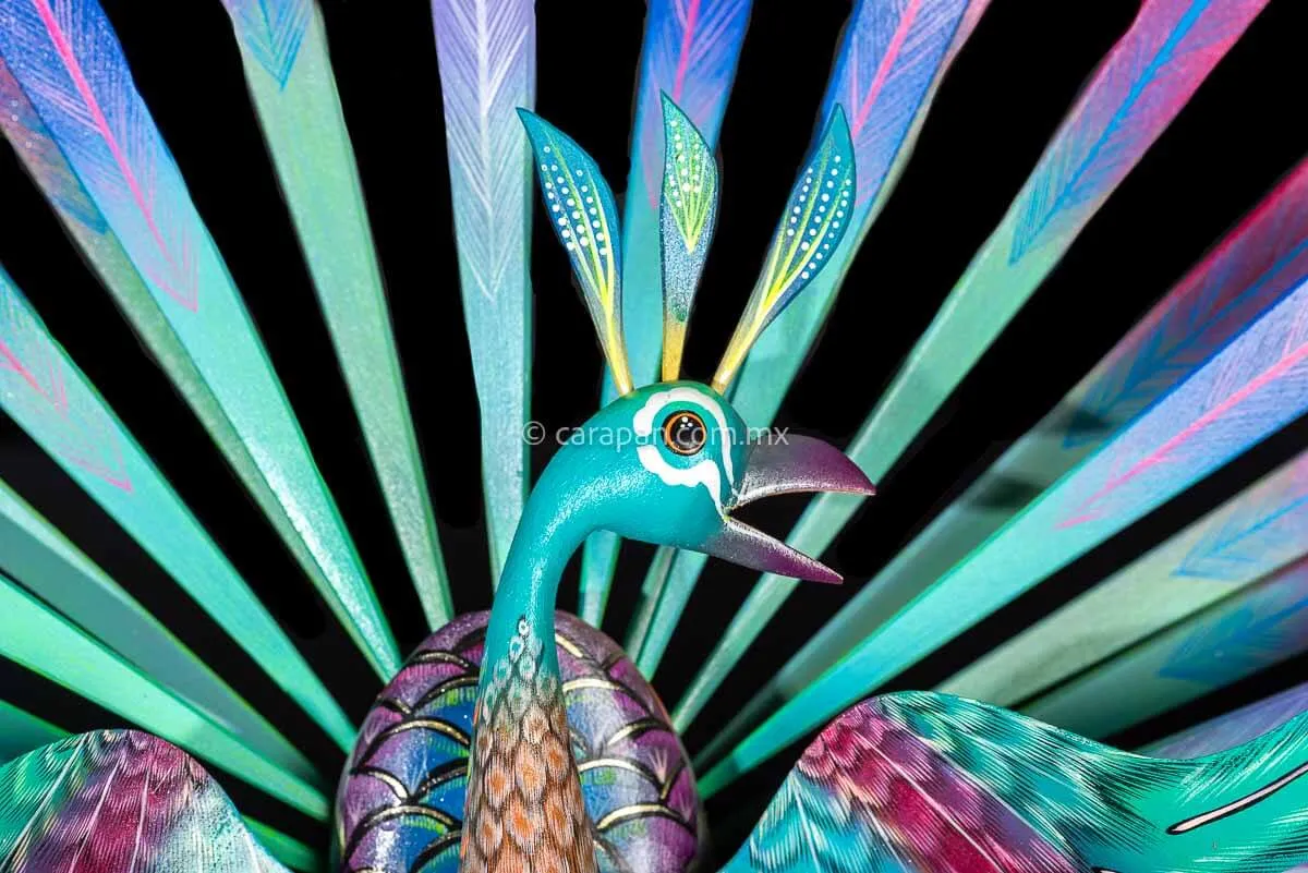 Exquisite Turquoise Peacock Mexican Wood Carving