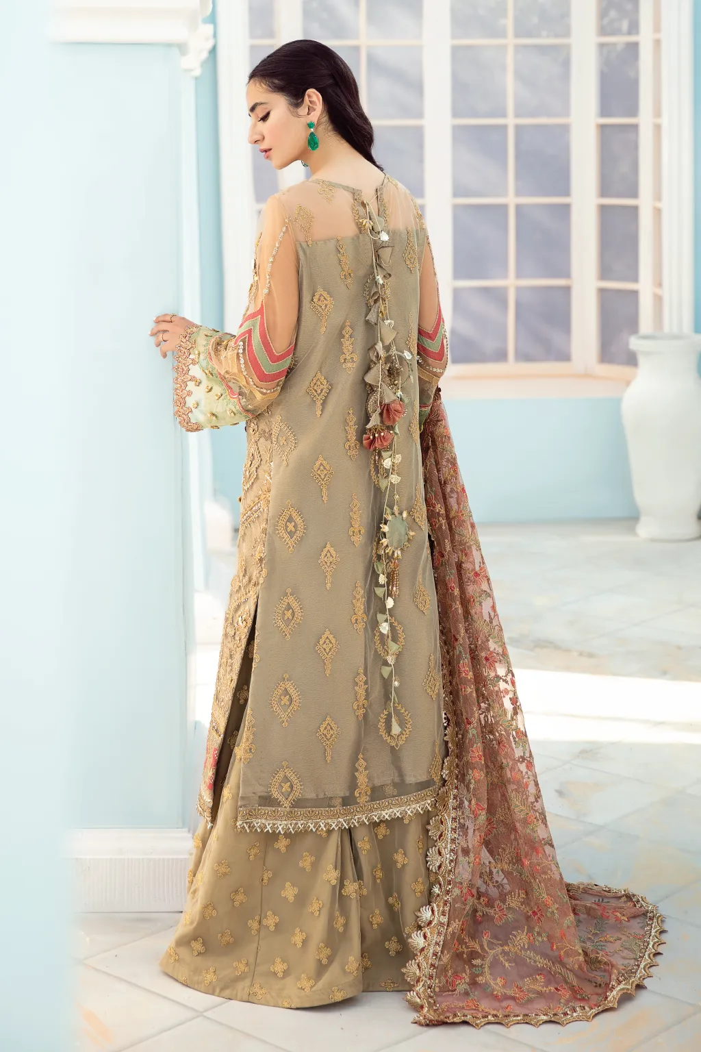 Fancy Pakistani Gharara Dress in Beige Shade #PF471