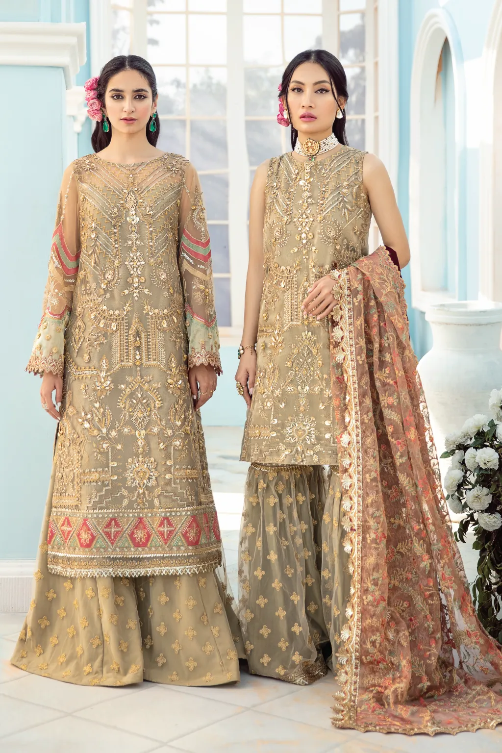 Fancy Pakistani Gharara Dress in Beige Shade #PF471