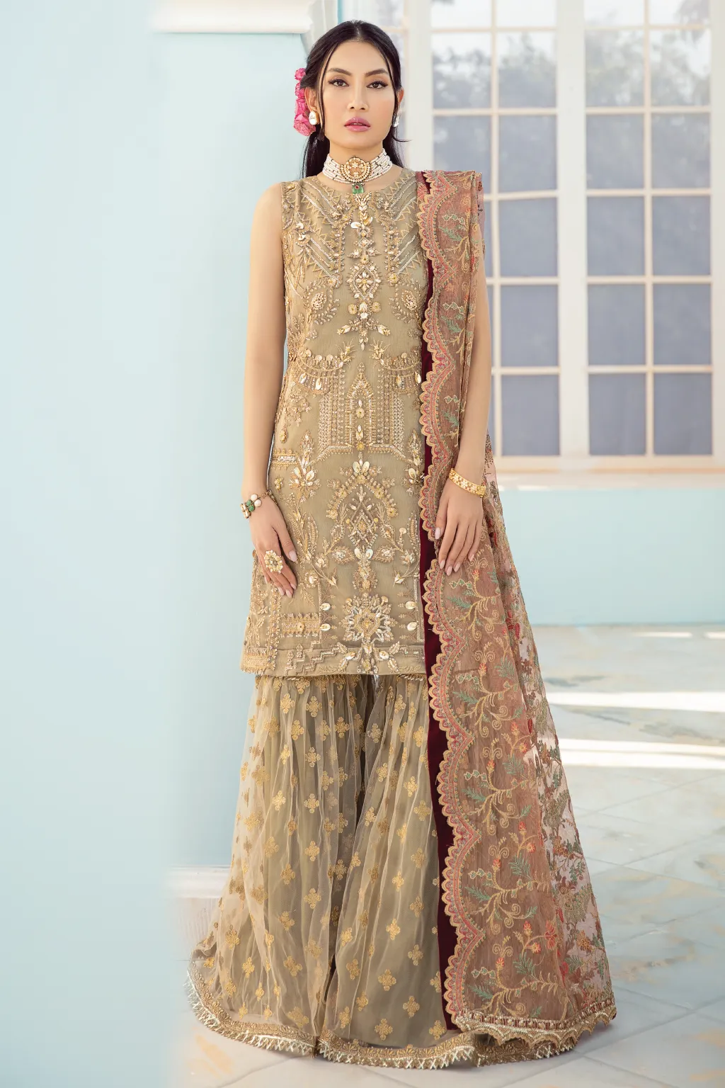 Fancy Pakistani Gharara Dress in Beige Shade #PF471