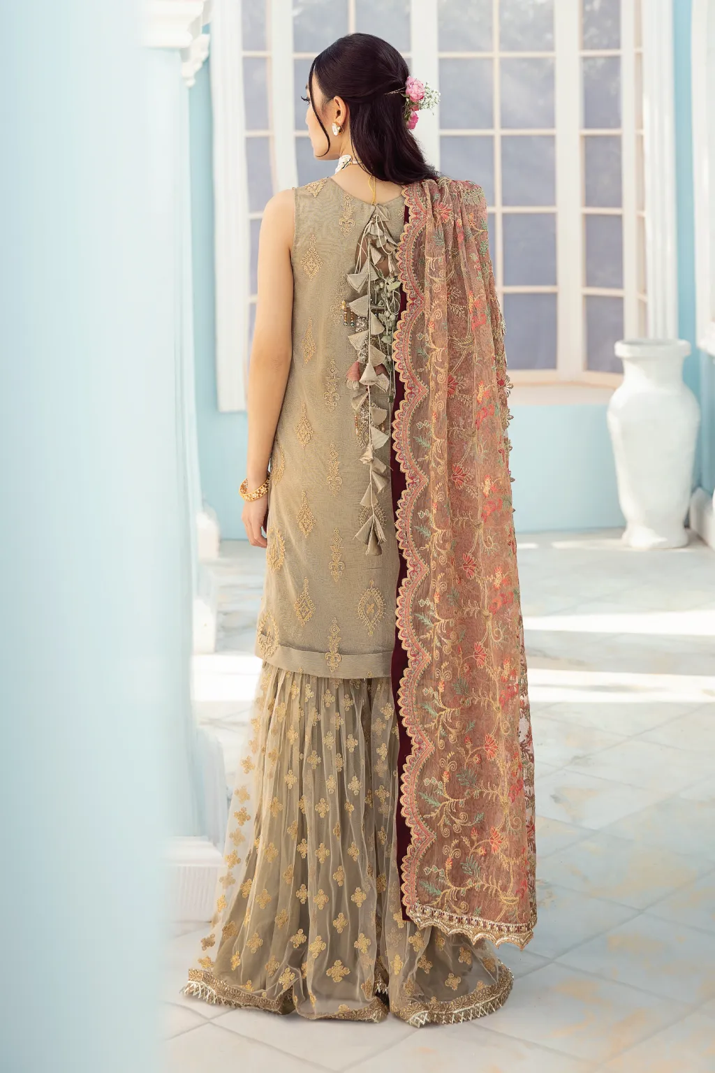 Fancy Pakistani Gharara Dress in Beige Shade #PF471