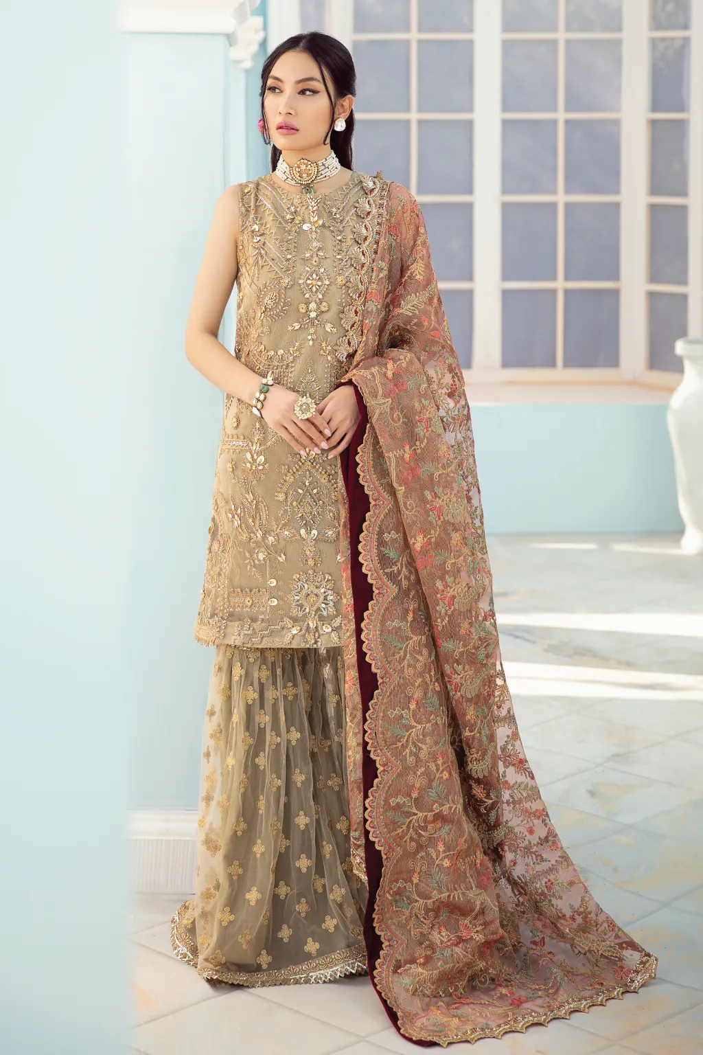 Fancy Pakistani Gharara Dress in Beige Shade #PF471