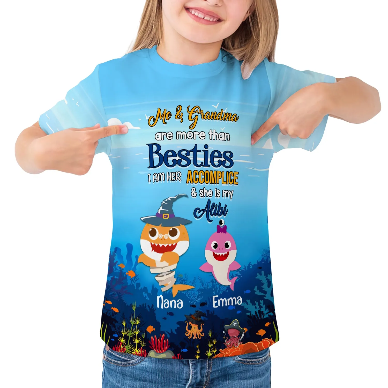Gift for Grandkids Ocean Halloween Me & Grandma Are More Than Besties I Am Her Accomplice & She Is My Alibi Personalized Name 3D Kid Tshirt