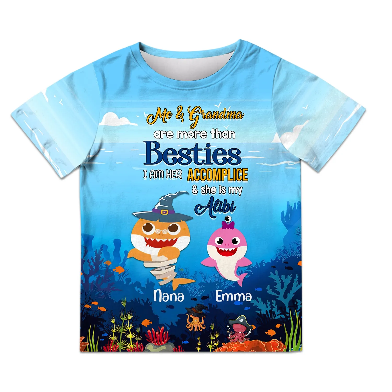 Gift for Grandkids Ocean Halloween Me & Grandma Are More Than Besties I Am Her Accomplice & She Is My Alibi Personalized Name 3D Kid Tshirt