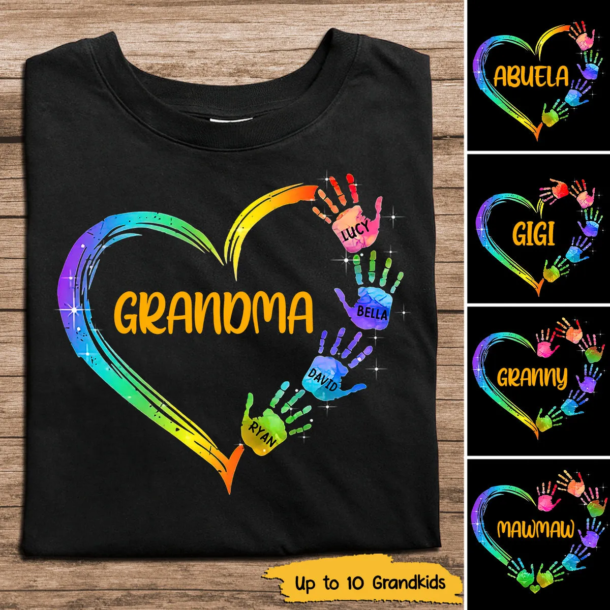 Grandma Mom Heart Hand Print Personalized Shirt