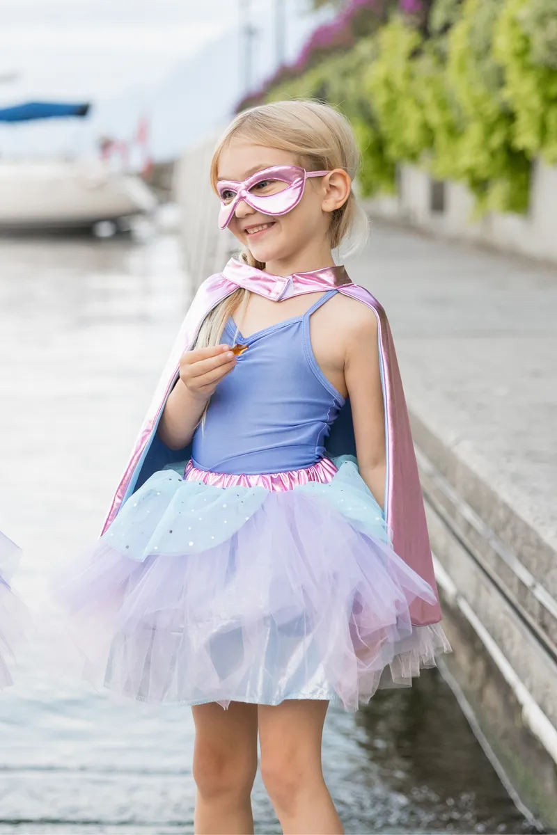 Great Pretenders Super-Duper Tutu/Cape/Mask, Metallic Pink/Light Blue, Size 4-6