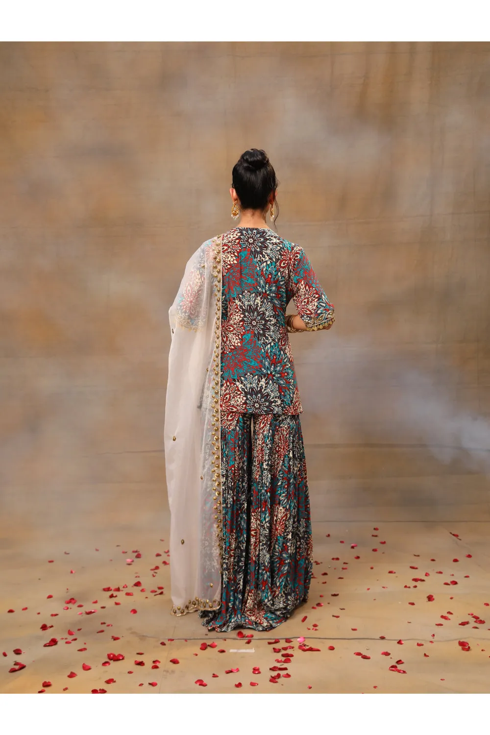 Green Printed Embroidered Short Kurta With Sharara Set