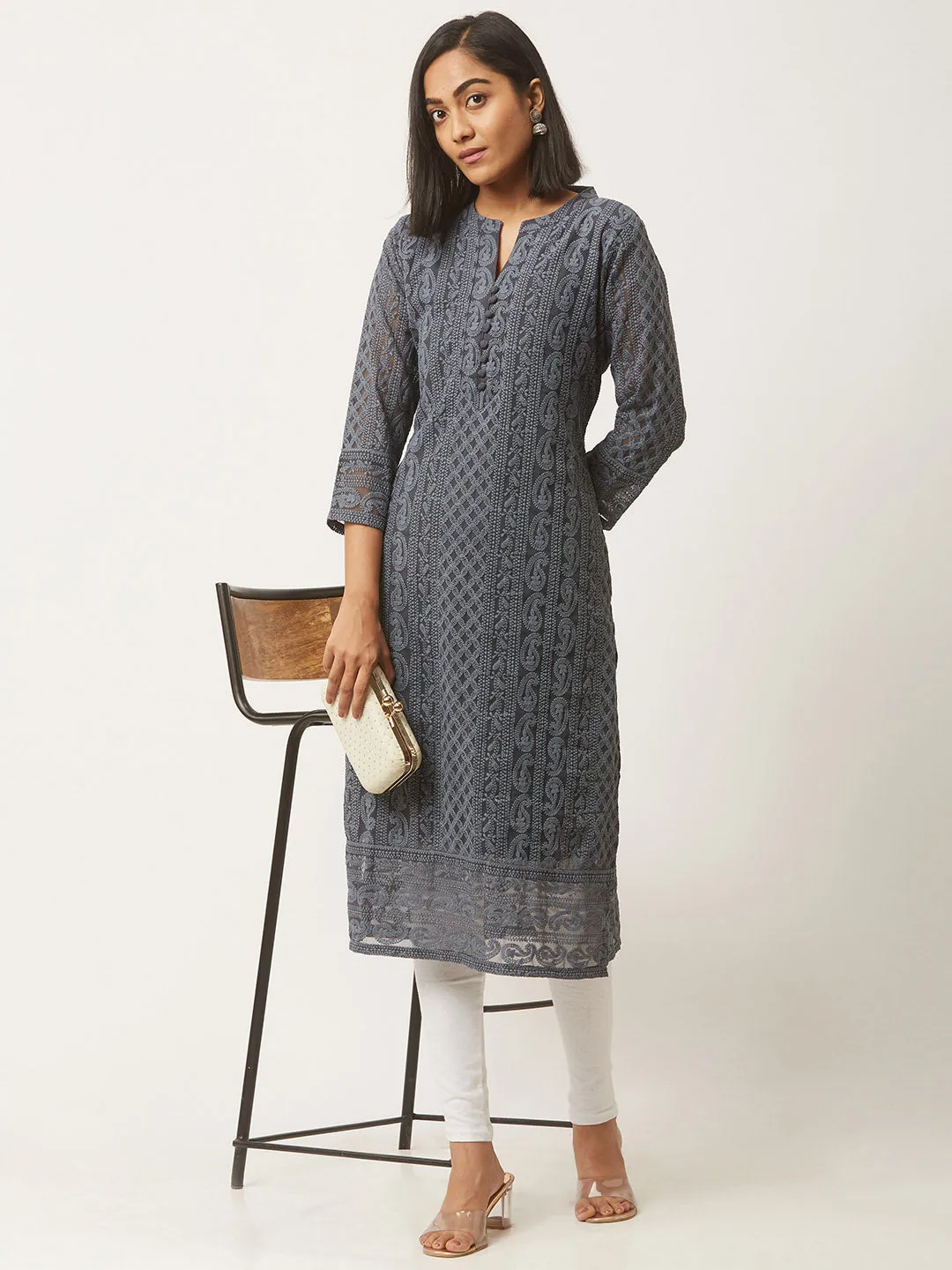 Grey Paisley Embroidered Georgette Lucknowi Chikankari Kurta For Women - ZOLA