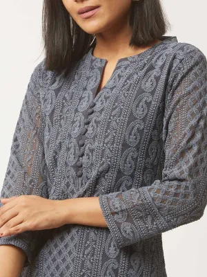 Grey Paisley Embroidered Georgette Lucknowi Chikankari Kurta For Women - ZOLA
