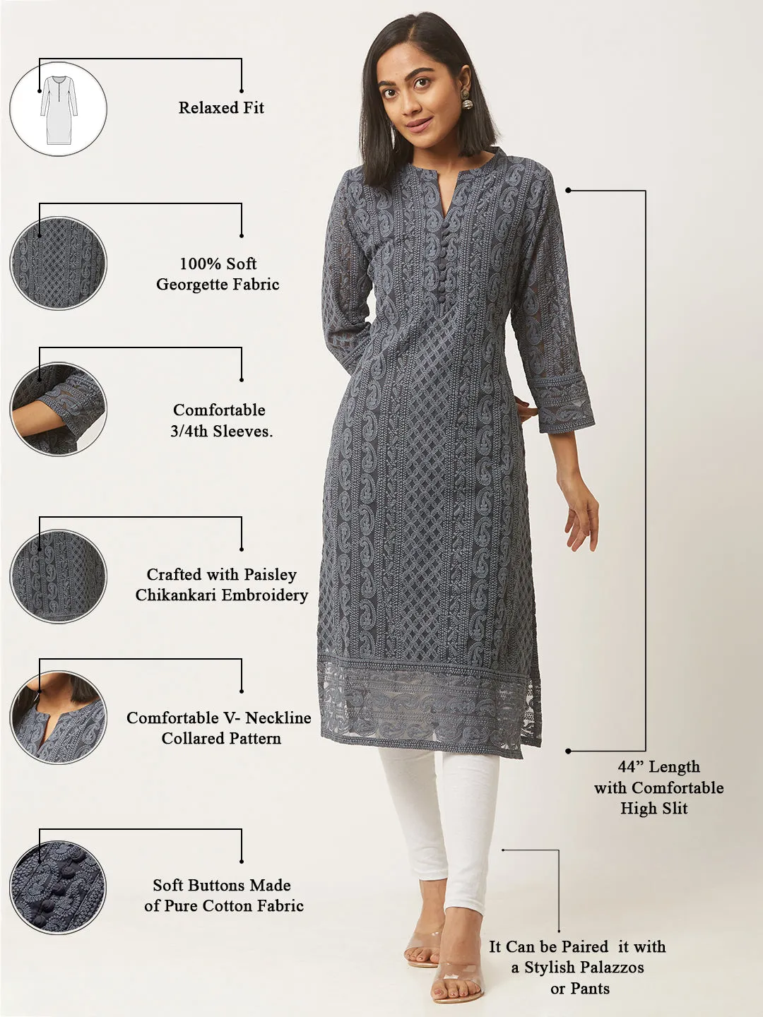 Grey Paisley Embroidered Georgette Lucknowi Chikankari Kurta For Women - ZOLA