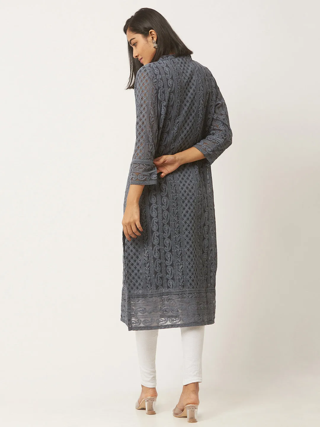 Grey Paisley Embroidered Georgette Lucknowi Chikankari Kurta For Women - ZOLA
