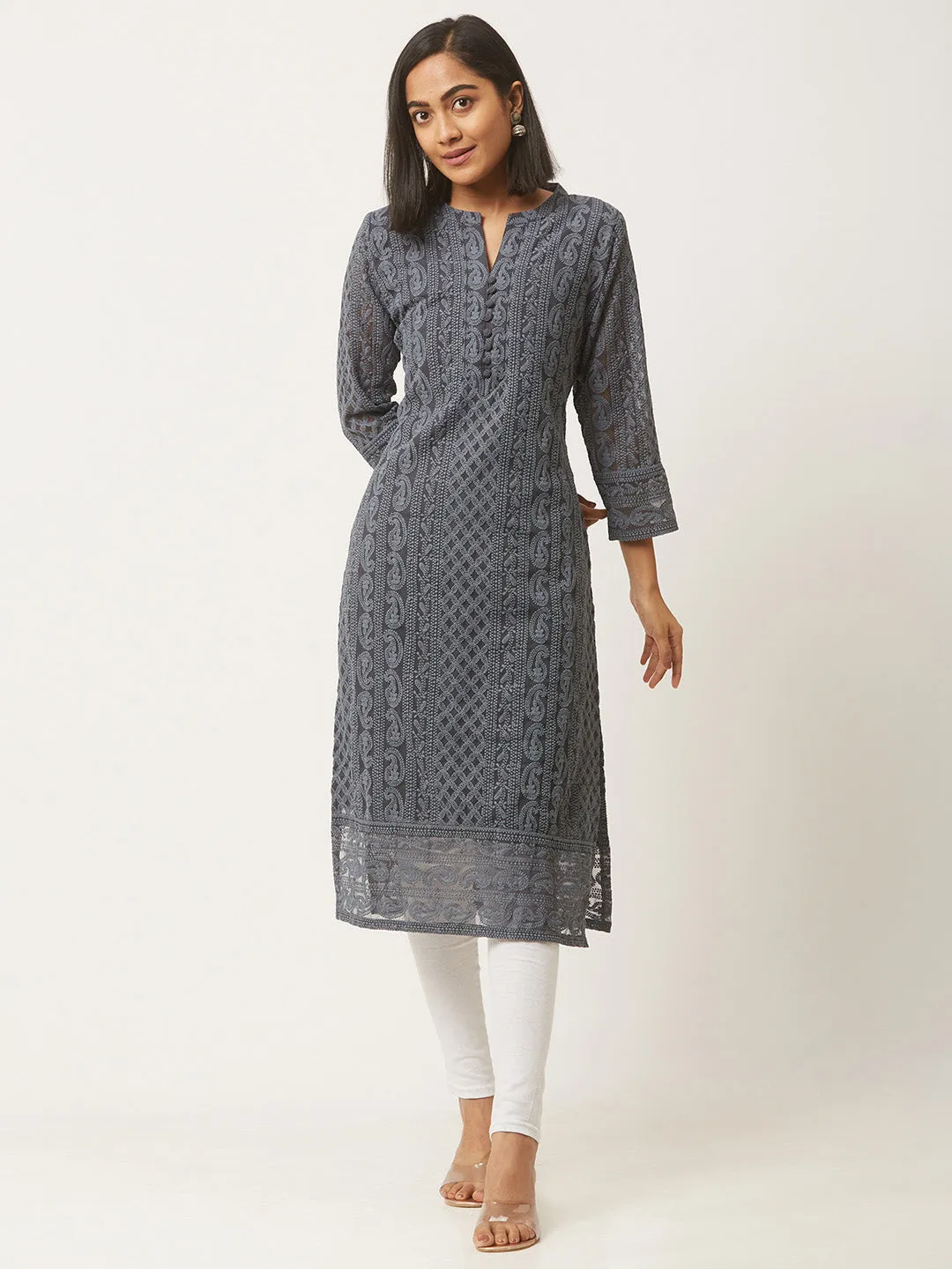 Grey Paisley Embroidered Georgette Lucknowi Chikankari Kurta For Women - ZOLA