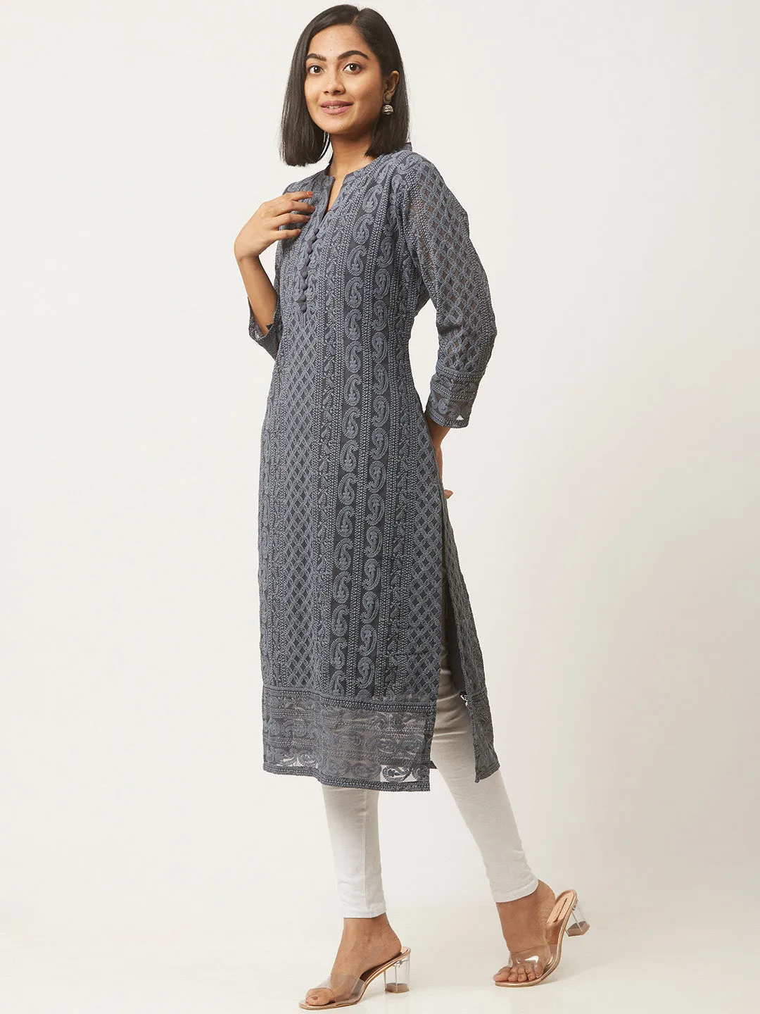 Grey Paisley Embroidered Georgette Lucknowi Chikankari Kurta For Women - ZOLA