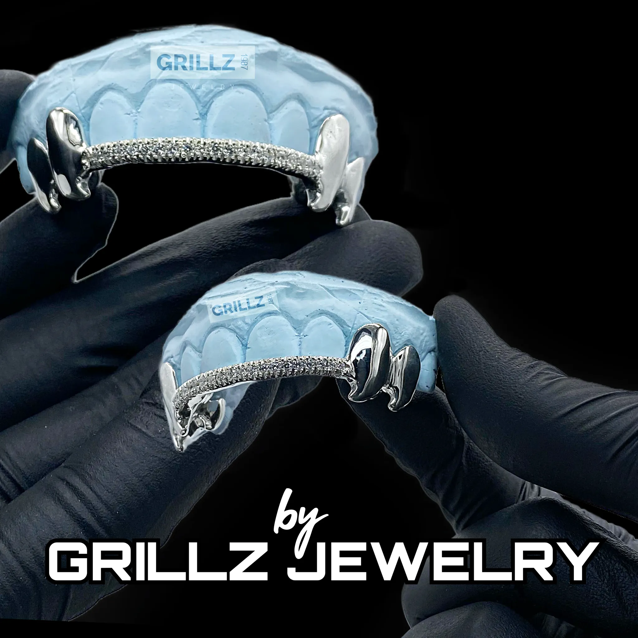 Grillz double king crab fangs with diamond bar
