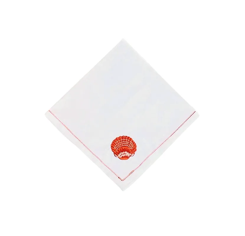 Hand Embroidered Coral Scallop Shell and Hemstitch Trim Dinner Napkins, Set of 4