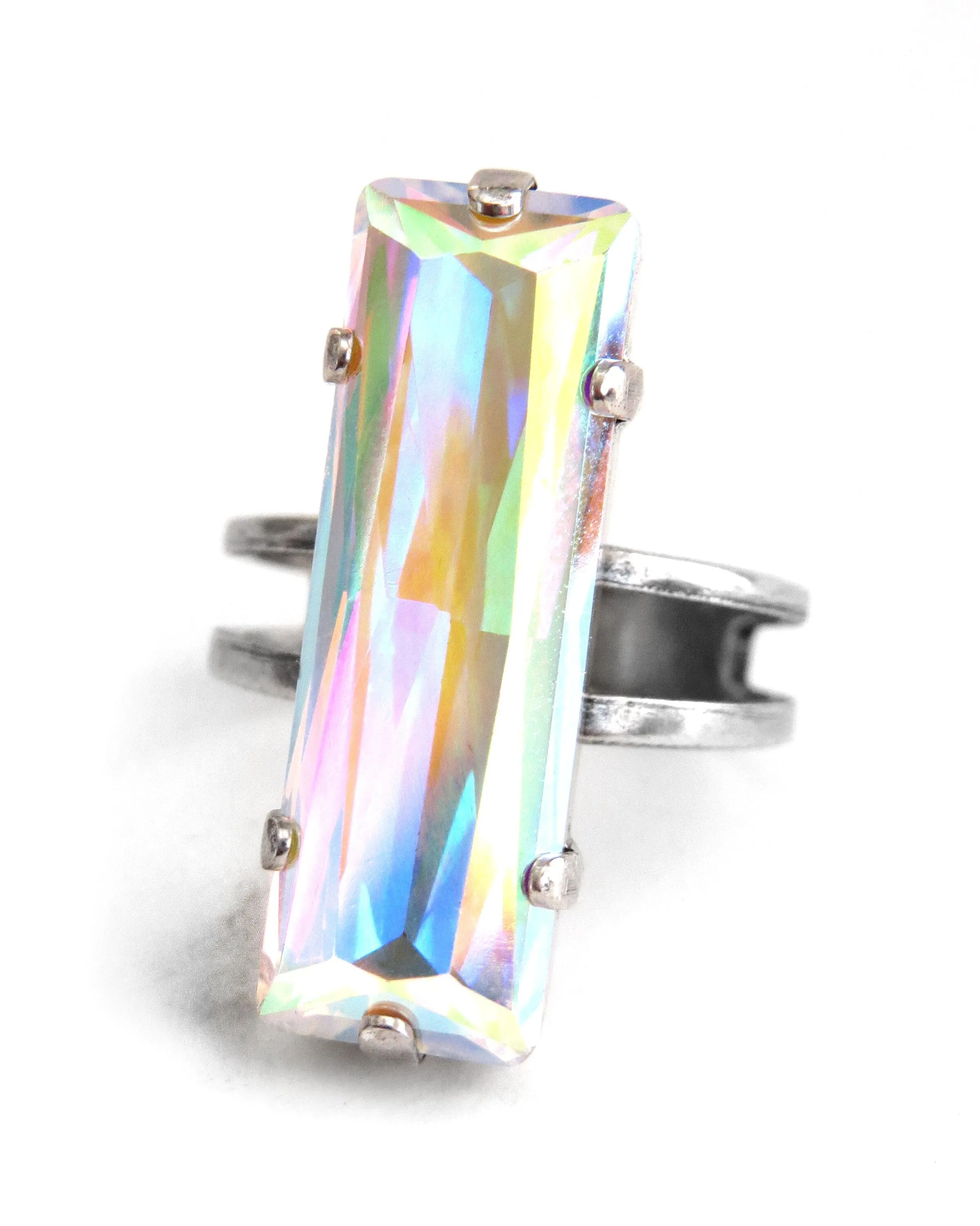 HEAVEN - Baguette Ring w Mystical Multicolor Crystal AB