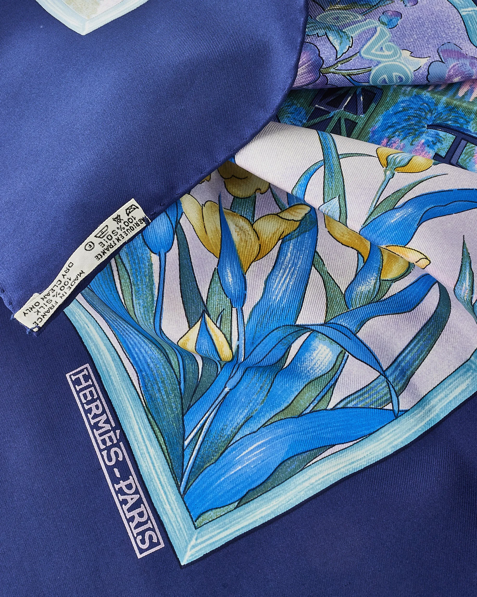 Hermès Navy Blue & Purple "Giverny" Silk Scarf