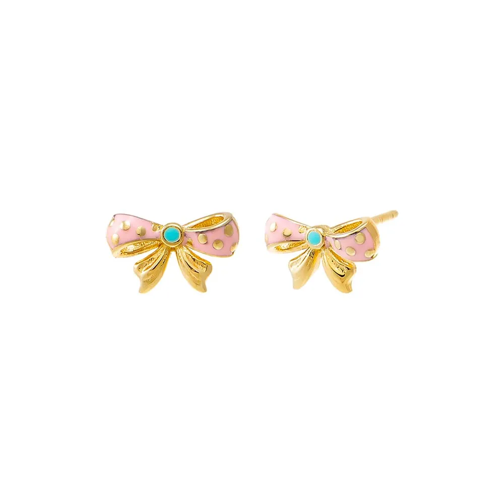 Kids Pink Enamel Bow Stud Earring 14K