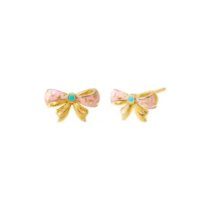 Kids Pink Enamel Bow Stud Earring 14K
