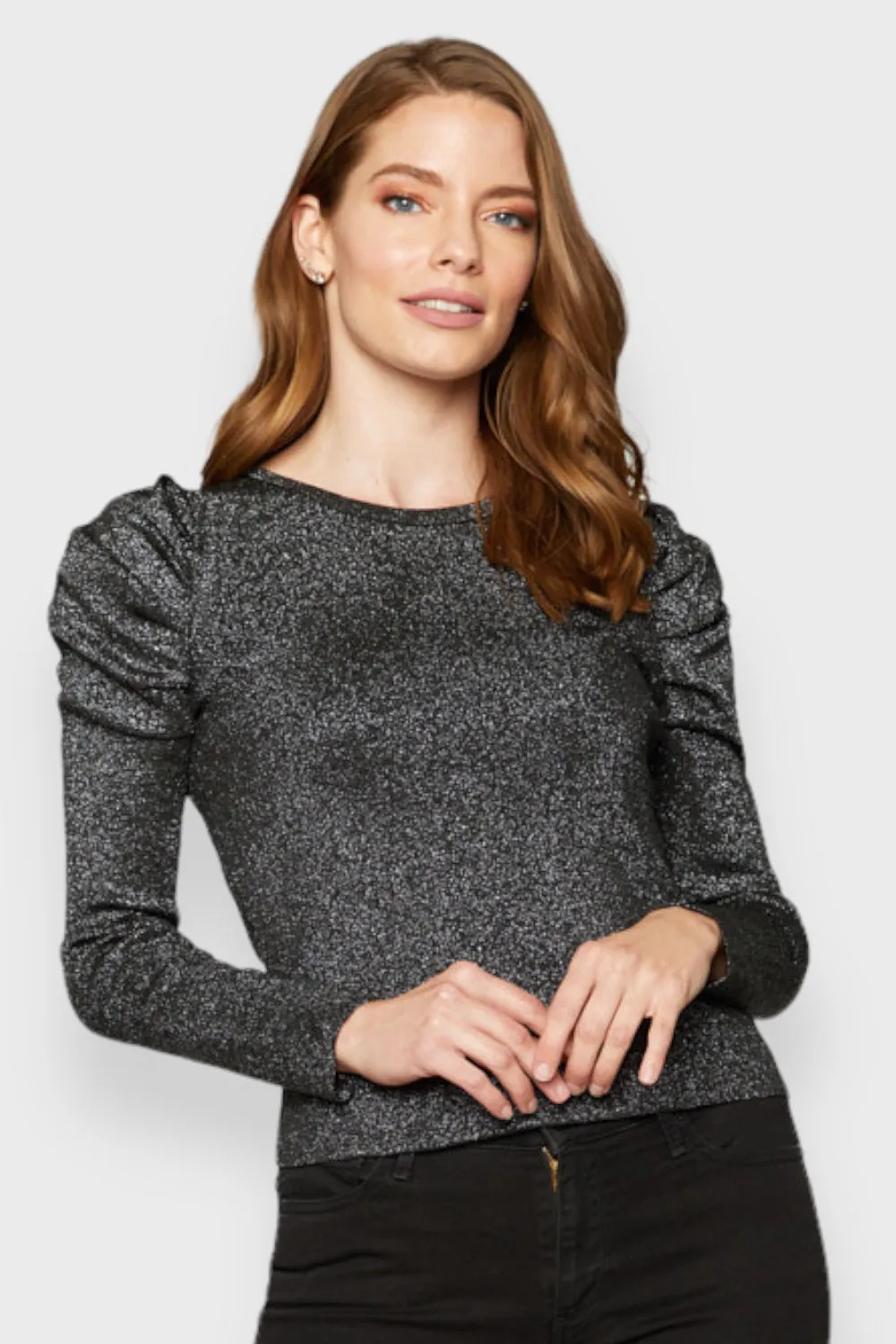 Lamé Puff Long Sleeve Ribbed Knit Top
