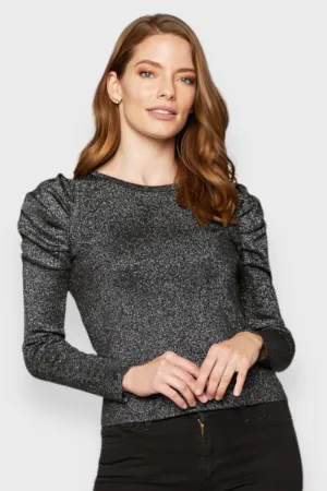 Lamé Puff Long Sleeve Ribbed Knit Top