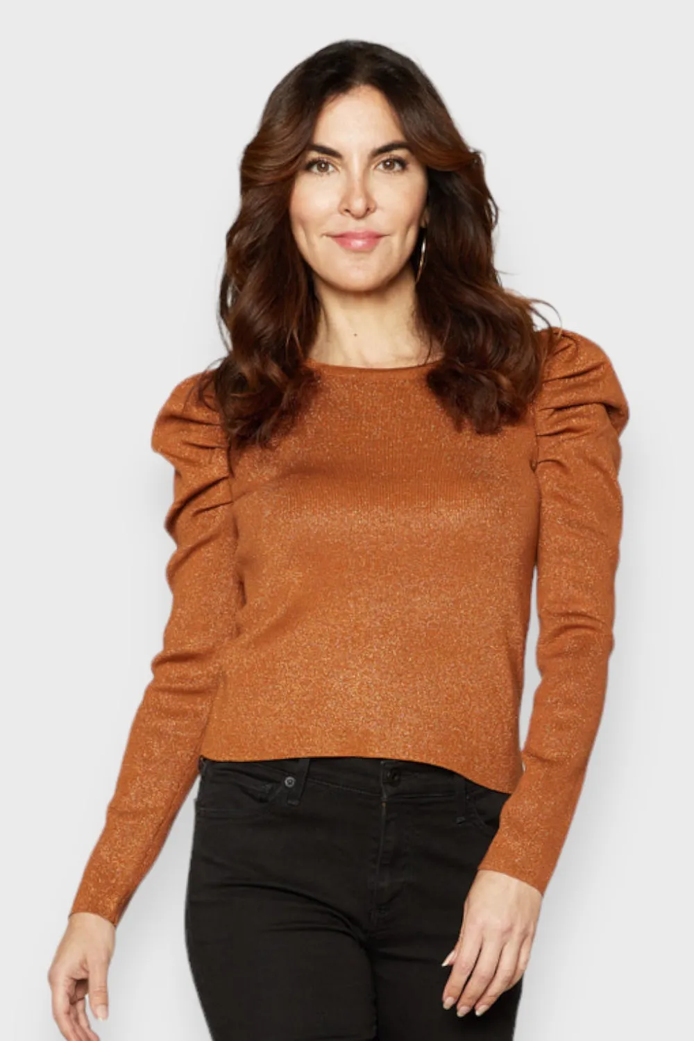 Lamé Puff Long Sleeve Ribbed Knit Top