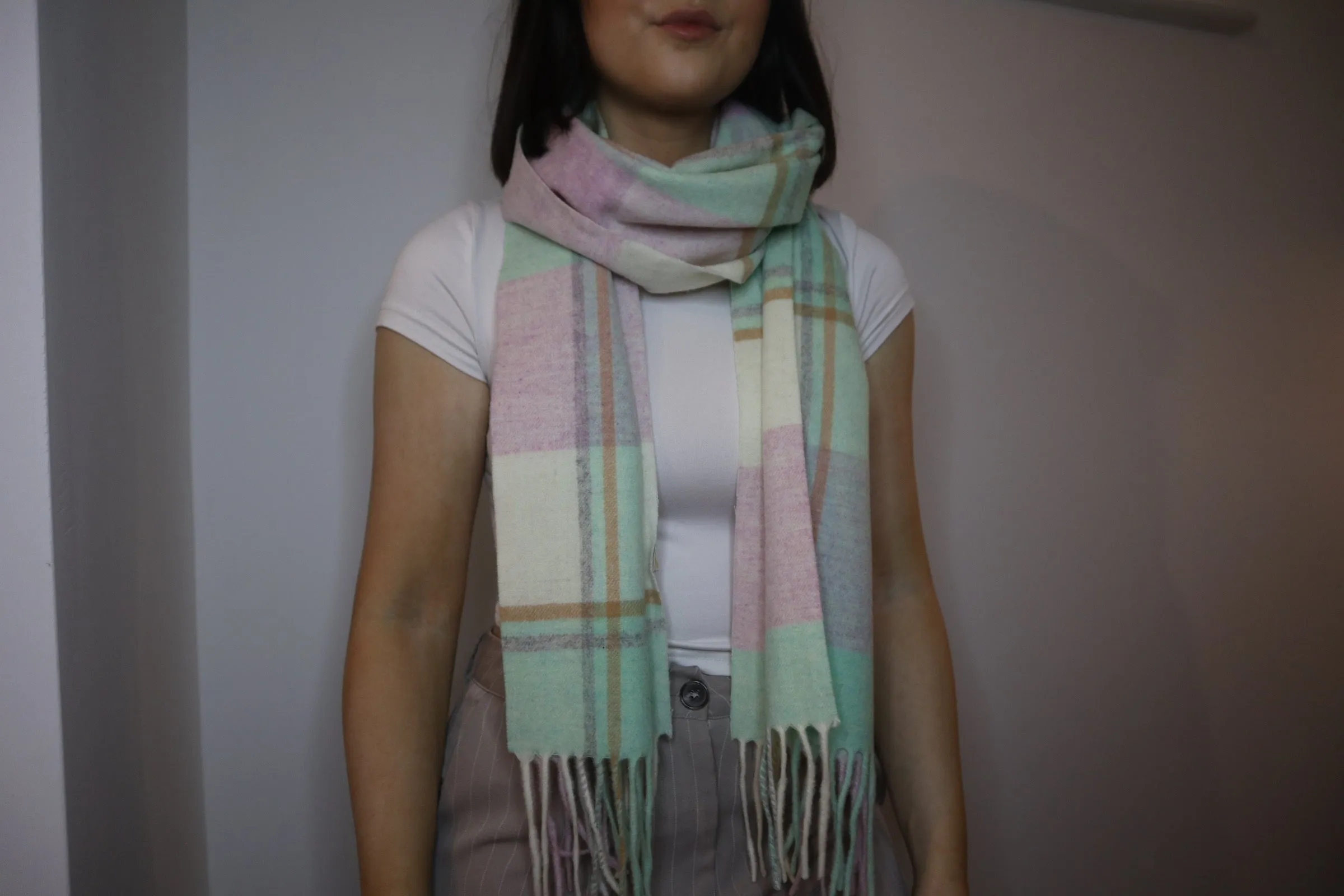 Lilac/Mint Block Check Tassel Scarf