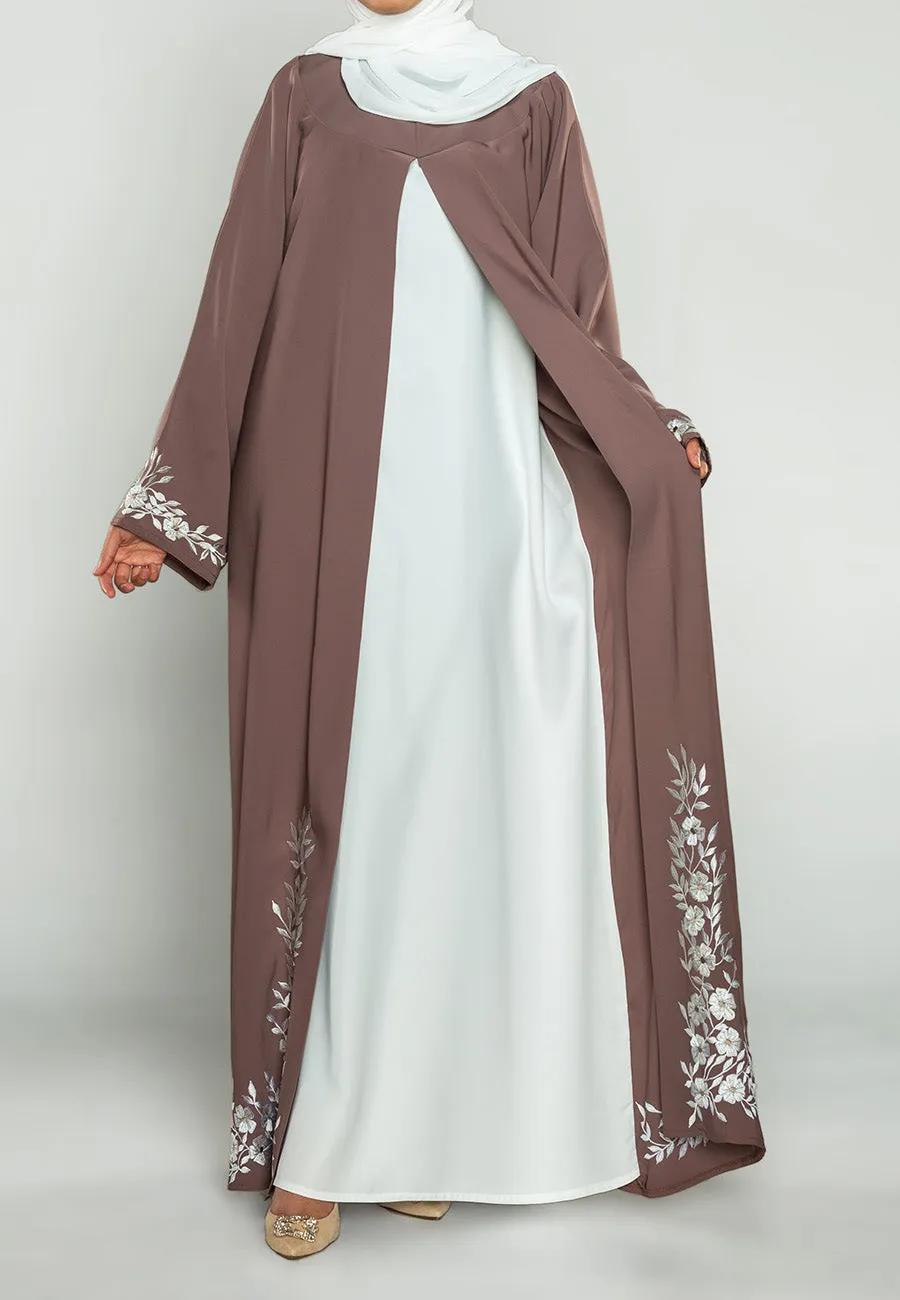 Luxury Embroidered Floral Taupe 2 In 1 Abaya (Premium)