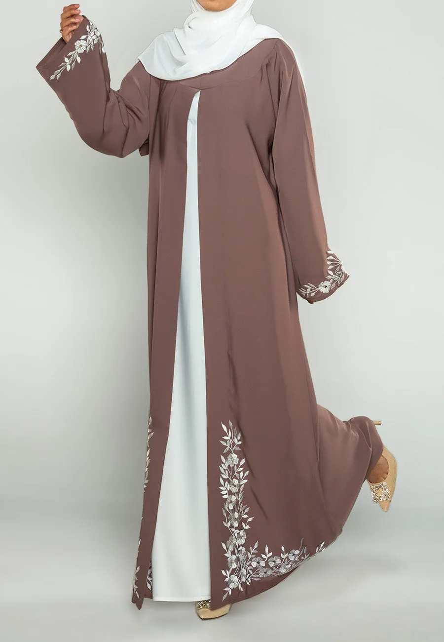 Luxury Embroidered Floral Taupe 2 In 1 Abaya (Premium)