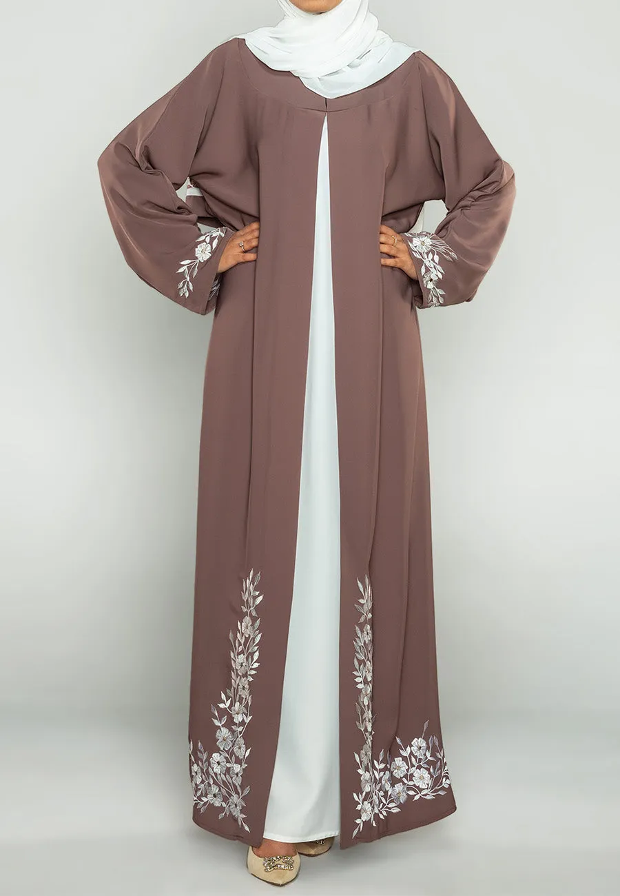 Luxury Embroidered Floral Taupe 2 In 1 Abaya (Premium)