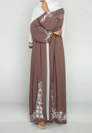 Luxury Embroidered Floral Taupe 2 In 1 Abaya (Premium)