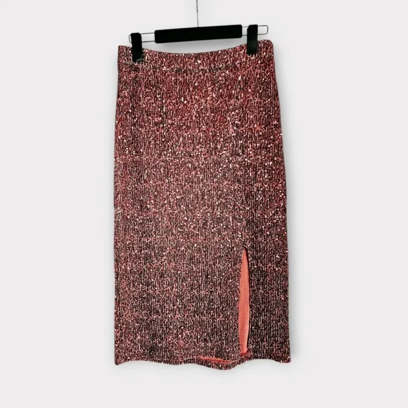 Maeve by Anthropologie Alicia Sequined High Waisted Midi Skirt in Rose Pink SP