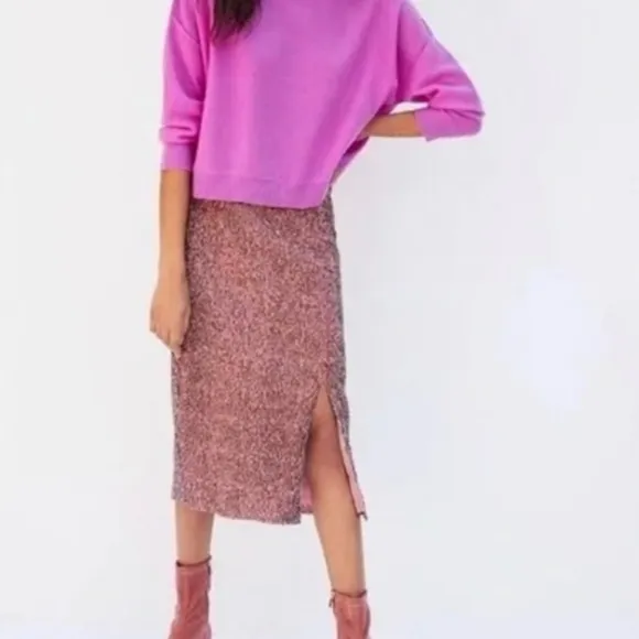 Maeve by Anthropologie Alicia Sequined High Waisted Midi Skirt in Rose Pink SP