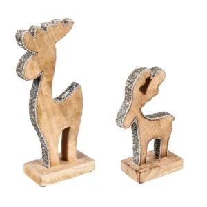 Mango Wood Reindeer with Silver Sequins Tabletop Decoration, Set of 2, 5.25"x2.75"x12.5"inches