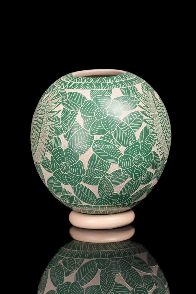 Mata Ortiz Spheric Beige Pot with Teal Owl