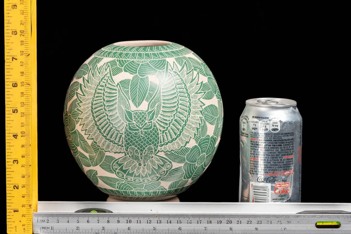 Mata Ortiz Spheric Beige Pot with Teal Owl