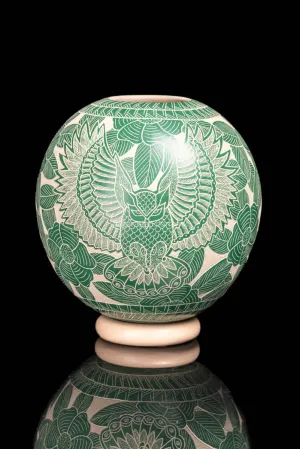 Mata Ortiz Spheric Beige Pot with Teal Owl