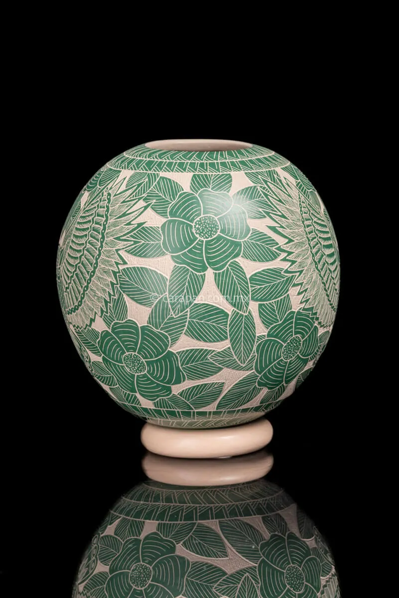 Mata Ortiz Spheric Beige Pot with Teal Owl