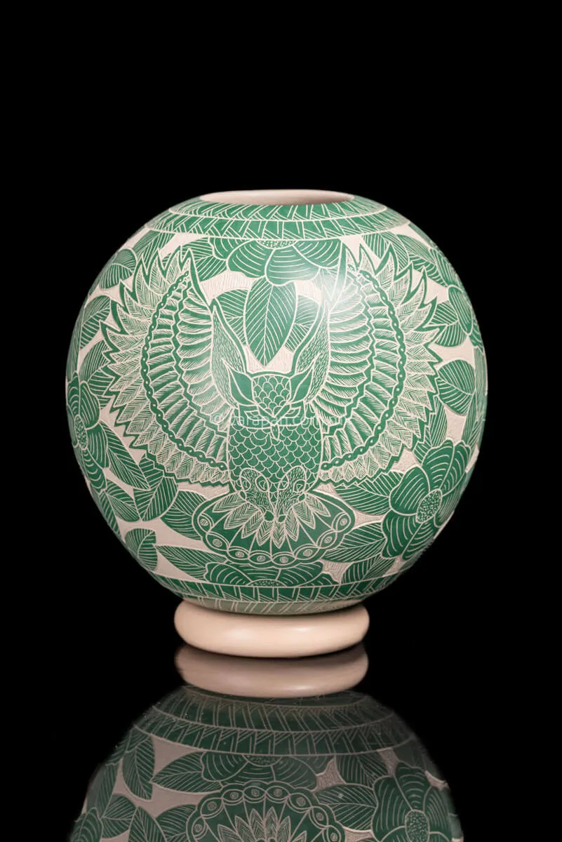 Mata Ortiz Spheric Beige Pot with Teal Owl