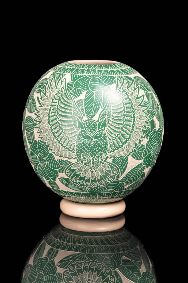 Mata Ortiz Spheric Beige Pot with Teal Owl