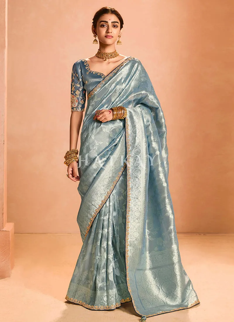 Mist Blue Embroidery Saree