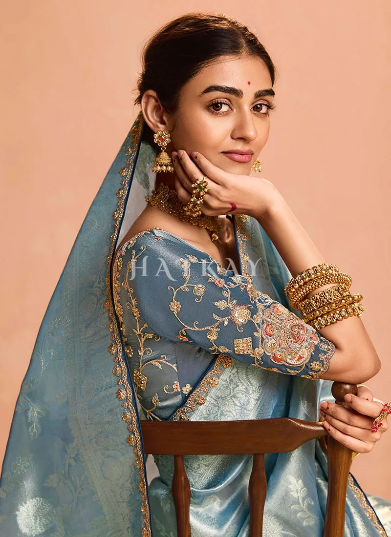 Mist Blue Embroidery Saree