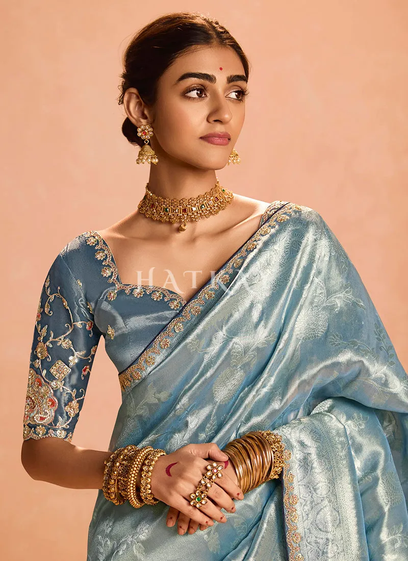 Mist Blue Embroidery Saree