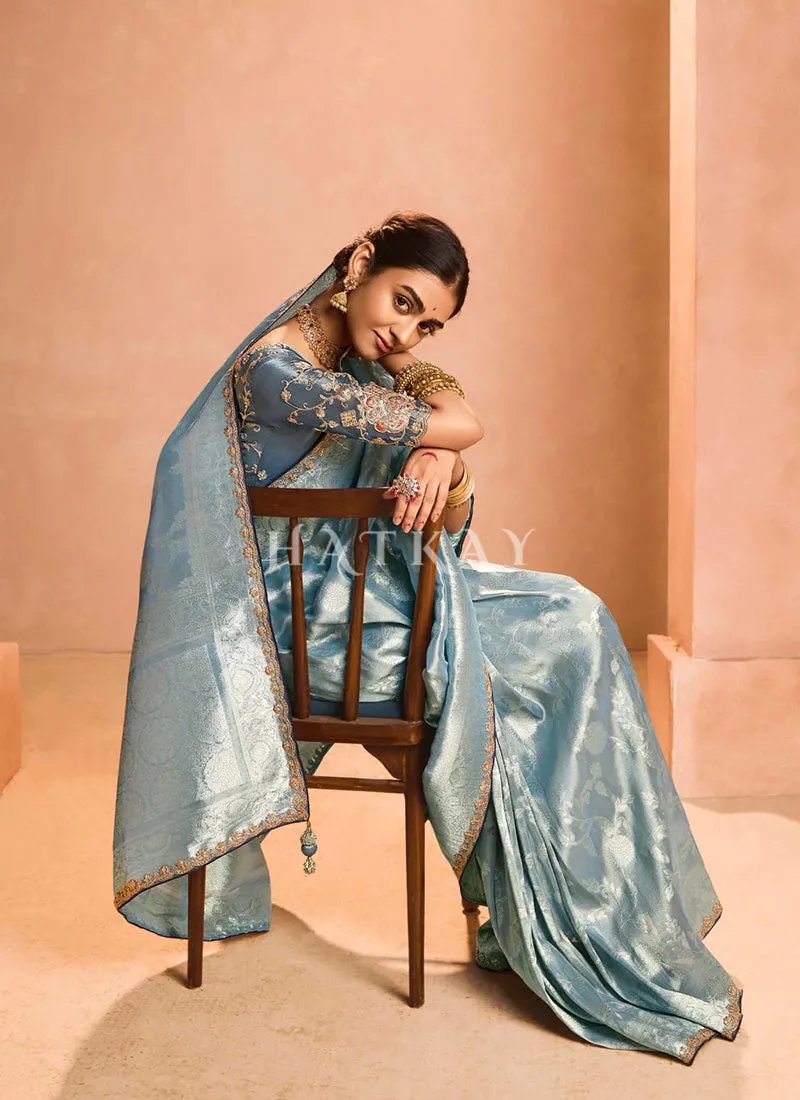 Mist Blue Embroidery Saree
