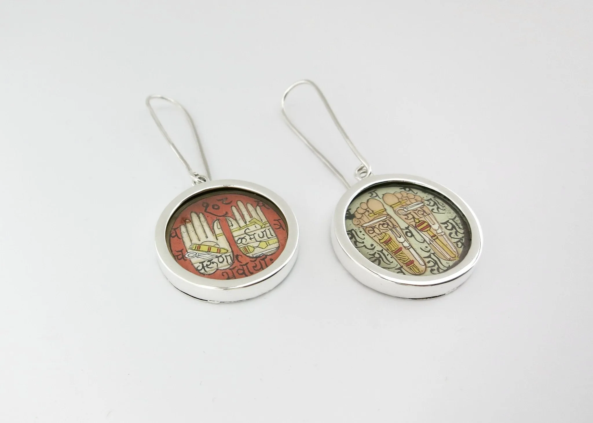 Mystical, asymmetrical, Hands and Feet Tantric art earrings